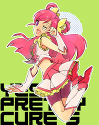  bad_id bad_pixiv_id bike_shorts bike_shorts_under_skirt butterfly_brooch copyright_name cure_dream female full_body green_background hair_rings jumping long_hair magical_girl midriff one_eye_closed pama pink_hair precure purple_eyes smile solo v v_over_eye yes!_precure_5 yumehara_nozomi 