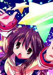  brown_eyes brown_hair clannad commentary_request female ibuki_fuuko sakura_misaki_(sakura_densetsu) solo star_(symbol) starfish 