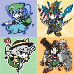  4girls backpack bag blue_eyes blue_hair bolt_(hardware) brown_eyes brown_hair commentary_request drill grey_hair gundam gundam_0083 gundam_f91 gundam_gp-02_physalis hair_bobbles hair_ornament hat heart ikazuti_gundam kawashiro_nitori komeiji_koishi multiple_girls nagae_iku parody purple_hair red_eyes reiuji_utsuho sd_gundam short_hair touhou twintails two_side_up wabi_(wbsk) wrench 