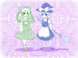  2girls bad_id bad_pixiv_id bow broom bunny_(trickster) cat_(trickster) cosplay detached_sleeves dress gohei grin hairbow hakurei_reimu hakurei_reimu_(cosplay) hat kirisame_marisa kirisame_marisa_(cosplay) miya_na multiple_girls oonusa open_mouth smile standing touhou trickster_(ntreev_soft) witch_hat 