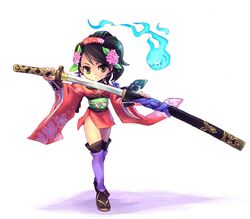  armor bad_id bad_pixiv_id black_hair brown_eyes cherry_blossoms chingisu comb female floral_print flower gauntlets hair_flower hair_ornament hitodama izuna_jinkuro japanese_armor japanese_clothes katana kimono kote kurokote momohime oboro_muramasa sandals sheath short_kimono shoulder_armor sode sword thighhighs unsheathing weapon wristband 