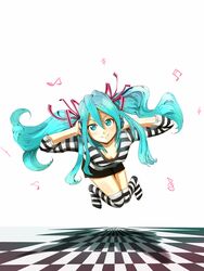  aqua_eyes aqua_hair commentary_request female flying hatsune_miku headphones listening_to_music long_hair musical_note shadow solo striped_clothes striped_thighhighs thighhighs twintails vocaloid yammy_(cellblo) 