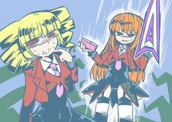  2girls angry beelzebub_(umineko) blonde_hair brown_hair commentary_request drill_hair etori long_hair mammon_(umineko) multiple_girls necktie pink_necktie red_eyes stakes_of_purgatory sword thighhighs umineko_no_naku_koro_ni weapon 