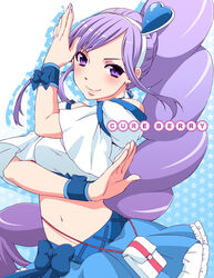  aono_miki blue_skirt blue_wrist_cuffs commentary_request cure_berry female fresh_precure! hair_ornament heart heart_hair_ornament kuroo_(project_apricot) magical_girl navel photoshop_(medium) precure purple_eyes purple_hair skirt solo wrist_cuffs 