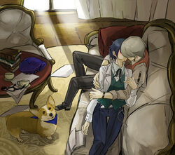  1boy animal bad_id bad_pixiv_id bandana blazer blue_hair blush book bow bowtie cabbie_hat canine couch couple cup female from_above glasses hat hug jacket kazuki_(kazu-king) kissing lap_pillow narukami_yuu pants persona persona_4 reclining room shirogane_naoto short_hair straight sunlight teacup thigh_gap unworn_eyewear vest welsh_corgi 