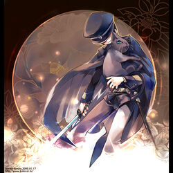  1boy cape devil_summoner feline hat kuzunoha_raidou male_focus sanjou_sorata solo sword weapon 