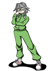  blue_eyes braid commentary_request female grey_hair hair_ribbon izayoi_sakuya ribbon shoes sneakers solo touhou track_suit twin_braids wabi_(wbsk) 