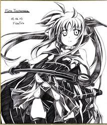  ahoge bardiche_(device_form)_(nanoha) bardiche_(nanoha) cape chest_belt contrapposto cowboy_shot dress fate_testarossa fate_testarossa_(original_form) female gloves greyscale holding holding_staff kunon long_hair looking_at_viewer lyrical_nanoha mahou_shoujo_lyrical_nanoha monochrome photoshop_(medium) solo staff standing twintails wide-eyed 