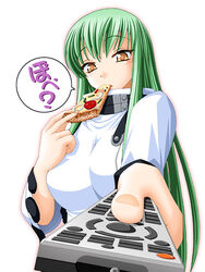  breasts c.c. code_geass controller eating female food foreshortening green_hair holding holding_food holding_pizza keito_(keito-ya) large_breasts long_hair pizza pizza_slice remote_control simple_background solo speech_bubble translation_request very_long_hair white_background yellow_eyes 