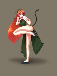  &gt;:) animal_ears blush cat_ears cat_tail commentary_request female fighting_stance green_eyes hands hat hong_meiling kemonomimi_mode legs long_hair red_hair smile solo standing standing_on_one_leg tail touhou v-shaped_eyebrows yammy_(cellblo) 