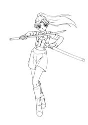  bad_id bad_pixiv_id character_request female full_body greyscale gunparade_march harumachi_nagaaki highres line_art monochrome photoshop_(medium) ponytail school_uniform shibamura_mai skirt solo standing sword weapon 