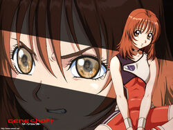  1boy angry bare_shoulders black_eyes black_hair bodysuit breasts brown_hair choker clenched_teeth close-up copyright_name covered_navel eye_focus eye_reflection female geneshaft hair_between_eyes hiroto_amagiwa looking_at_viewer mika_seidou official_art ooshima_yasuhiro orange_eyes parted_bangs parted_lips projected_inset reflection short_hair sitting sleeveless small_breasts spread_legs teeth third-party_edit turtleneck uniform v_arms watermark web_address wristband 