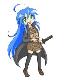  ahoge blue_hair commentary_request cosplay female green_eyes izumi_konata long_hair lucky_star matthew_(artist) mole mole_under_eye school_uniform shakugan_no_shana shana shana_(cosplay) solo sword thighhighs weapon 