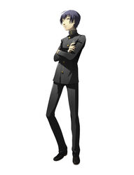  1boy blue_hair crossed_arms grey_eyes highres ichijou_kou jacket male_focus official_art persona persona_4 photoshop_(medium) soejima_shigenori solo 