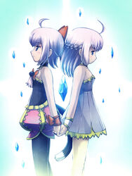  2girls ahoge animal_ears back-to-back blush bow cat_tail commentary_request crystal dual_persona final_fantasy final_fantasy_crystal_chronicles final_fantasy_crystal_chronicles:_echoes_of_time grey_hair hairbow highres holding_hands multiple_girls pantyhose sherlotta short_hair smile tail tdk 