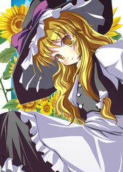  apron black_hat black_vest blonde_hair bow commentary_request female floral_background flower from_side hairbow hat hat_bow head_tilt highres jpeg_artifacts kazumasa kirisame_marisa looking_at_viewer looking_to_the_side photoshop_(medium) purple_bow solo sunflower touhou vest waist_apron white_bow witch_hat yellow_eyes yellow_flower 