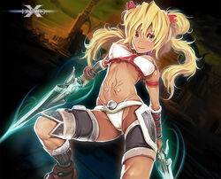  armband ayumi_(x-blades) blonde_hair blue_eyes dark-skinned_female dark_skin female gunblade highleg kichin_yarou long_hair midriff panties smile solo tattoo tri_tails twintails underwear weapon white_panties x-blades 