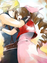  1boy aerith_gainsborough bad_id bad_pixiv_id blonde_hair bow brown_hair cloud_strife couple cropped_jacket dress drill_hair female final_fantasy final_fantasy_vii hairbow happy hidaka_ryou highres hug jacket long_hair pink_bow pink_dress short_hair smile spiked_hair straight 