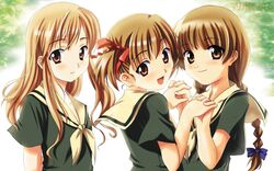  3girls braid brown_eyes brown_hair cropped fukuzawa_yumi highres holding_hands imageboard_desourced interlocked_fingers lillian_girls&#039;_academy_school_uniform long_hair maria-sama_ga_miteru multiple_girls non-web_source open_mouth school_uniform shimazu_yoshino short_hair souryuu_(double_dragon) toudou_shimako twintails 