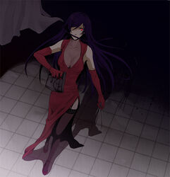  1boy bad_id bad_pixiv_id crossdressing dark dress gun gundam gundam_00 hitori_(edge) knife long_hair male_focus otoko_no_ko purple_hair red_eyes shadow solo thighhighs tieria_erde weapon 