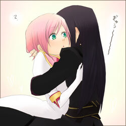  1boy ? couple estellise_sidos_heurassein female green_eyes hug nakamura_hiro_(nobody10ch) photoshop_(medium) pink_hair short_hair straight tales_of_(series) tales_of_vesperia yuri_lowell 