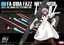  beam fazz_(gundam) female firing full_body gundam gundam_sentinel kieyza letterboxed long_sleeves looking_at_viewer machinery maid_headdress mecha_hisui mecha_musume parody pink_hair short_hair solo standing text_focus tsukihime 