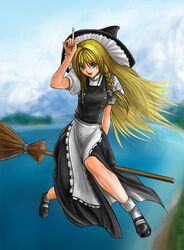  bad_id bad_pixiv_id blonde_hair braid broom broom_riding erugiza female hat highres kirisame_marisa long_hair ribbon side_braid sidesaddle solo touhou witch_hat yellow_eyes 