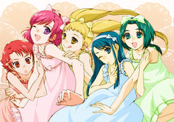  5girls :d :q akimoto_komachi bad_id bad_pixiv_id blonde_hair blue_eyes blue_hair bow dress green_eyes green_hair hair_ribbon hairband hairbow kasugano_urara_(yes!_precure_5) minazuki_karen multiple_girls natsuki_rin one_eye_closed open_mouth painttool_sai_(medium) pama pink_hair precure purple_eyes red_eyes red_hair ribbon smile sundress tongue tongue_out twintails yellow_eyes yes!_precure_5 yumehara_nozomi 