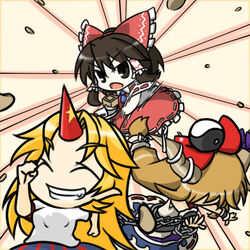  3girls blonde_hair brown_eyes brown_hair chains commentary_request hair_ribbon hakurei_reimu horns hoshiguma_yuugi ibuki_suika long_hair mamemaki masu multiple_girls oni ribbon setsubun single_horn touhou wabi_(wbsk) yin_yang 