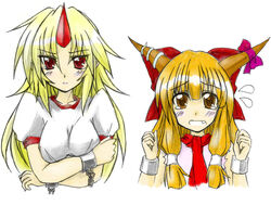  2girls blonde_hair blush chains colorized eku horns hoshiguma_yuugi ibuki_suika long_hair multiple_girls red_eyes single_horn sketch touhou 