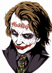  1boy batman_(series) body_writing commentary_request dc_comics formal glasgow_smile heath_ledger ina_(gokihoihoi) joker_(dc) makeup male_focus necktie solo suit the_dark_knight why_so_serious 