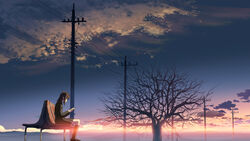  byousoku_5_centimeter evening female outdoors photoshop_(medium) power_lines reading scenery school_uniform shinkai_makoto shinohara_akari sitting sky solo tree winter 