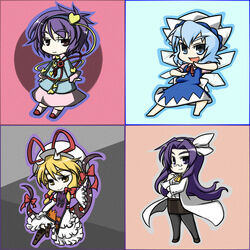  4girls asakura_rikako blonde_hair blue_eyes blue_hair cirno commentary_request dress gap_(touhou) glasses hair_ribbon hat heart komeiji_satori long_hair multiple_girls pantyhose purple_eyes purple_hair ribbon short_hair skirt touhou touhou_(pc-98) wabi_(wbsk) yakumo_yukari yellow_eyes 