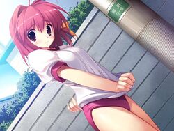  blush buruma colorful_aquarium dutch_angle embarrassed female game_cg gym_uniform kiba_satoshi red_buruma shiiha_izumi solo tears 