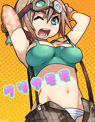  blue_eyes breasts commentary_request female goggles kuriya_momo large_breasts meme50 one_eye_closed open_fly panties pixiv_robot_wars short_hair solo striped_clothes striped_panties suspenders tank_top translated underwear unzipped wrench 