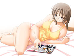  barefoot bed braid brown_eyes brown_hair female glasses keito_(keito-ya) kimi_kiss lying mizusawa_mao on_side panties pink_panties reading shirt short_hair solo twin_braids twintails underwear 