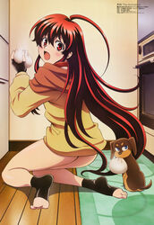  absurdres ahoge baozi barefoot blush bottomless canine dachshund feet female fingerless_gloves food gloves highres imageboard_desourced kawamura_takayasu kneeling kuro_(kurokami) kurokami long_hair megami_magazine no_panties non-web_source official_art photoshop_(medium) punipuni_(dog) red_eyes red_hair scan solo toeless_legwear very_long_hair 