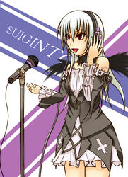  asuto3 bad_id bad_pixiv_id character_name crossover dress female headphones long_hair look-alike megurine_luka microphone microphone_stand music red_eyes rozen_maiden singing solo suigintou vocaloid white_hair wings 