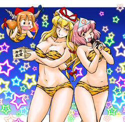  3girls animal_print azuki_osamitsu beans bikini blonde_hair breasts breath_weapon breathing_fire brown_horns chibi cleavage commentary_request cone_horns cosplay fire food hair_ribbon hat horns ibuki_suika large_breasts long_hair lum lum_(cosplay) makizushi mamemaki midriff multiple_girls oni orange_hair pink_eyes pink_hair ribbon saigyouji_yuyuko setsubun small_horns star_(symbol) striped_horns sushi swimsuit ten_(urusei_yatsura) ten_(urusei_yatsura)_(cosplay) tiger_print touhou urusei_yatsura yakumo_yukari yellow_eyes 