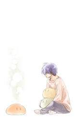  1boy blue_hair clannad commentary dango_daikazoku highres ichinomi indian_style male_focus okazaki_tomoya simple_background sitting solo v_arms white_background 