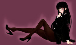  bad_id bad_pixiv_id black_hair blush commentary_request female girlfriend_(houkago_play) high_heels houkago_play legs long_hair naughty_face pantyhose scharfschutze shoe_dangle shoes sitting solo very_long_hair 