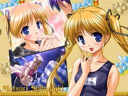  1boy bekkankou blonde_hair blue_eyes female imageboard_desourced long_hair non-web_source one-piece_swimsuit photo_(object) school_swimsuit shibugaki_matsuri swimsuit tsuki_wa_higashi_ni_hi_wa_nishi_ni twintails 