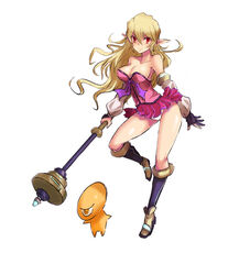  bare_shoulders blonde_hair breasts cleavage commentary_request detached_sleeves elf esper_(saga_2) female highres kara_(color) large_breasts legs long_hair panties pantyshot pointy_ears red_eyes saga saga_2 skirt smile solo staff teacher_(saga_2) thighs underwear 