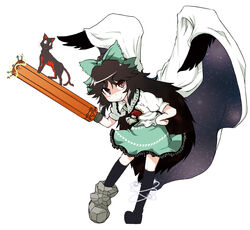  animal arm_cannon black_hair bow female flying full_body green_bow green_skirt hairbow kaenbyou_rin kaenbyou_rin_(cat) long_hair looking_at_viewer masu_gitsune red_eyes reiuji_utsuho simple_background skirt solo thighhighs touhou very_long_hair weapon white_background wings 