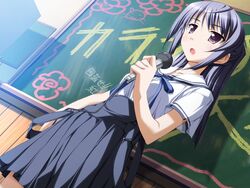  :o ashita_no_kimi_to_au_tame_ni blue_hair chalkboard dutch_angle female game_cg holding holding_microphone imageboard_desourced izumi_saya kurashima_tomoyasu long_hair microphone non-web_source open_mouth purple_eyes school_uniform short_sleeves skirt solo suspenders_hanging 