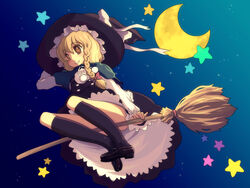  blonde_hair braid broom broom_riding brown_eyes female happy hat highres kimarin kirisame_marisa kneehighs moon night sidesaddle socks solo star_(symbol) touhou witch_hat 