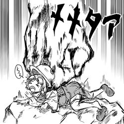  &gt;_&lt; araki_hirohiko_(style) clenched_hand closed_eyes commentary_request crossover female greyscale hat jojo_no_kimyou_na_bouken memetaa monochrome moriya_suwako parody punching sketch solo_focus stone style_parody tao_(white_album) thighhighs touhou will_anthonio_zeppeli 