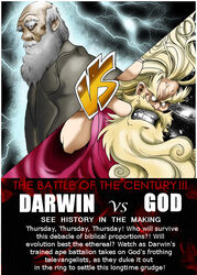  2boys battle bible_(object) charles_darwin evolution monkey multiple_boys religion yahweh 