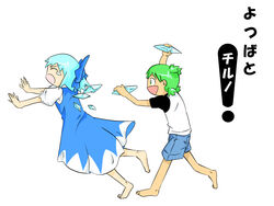  2girls barefoot cirno commentary_request crossover feet highres koiwai_yotsuba multiple_girls photoshop_(medium) tao_(white_album) tears touhou wings yotsubato! 