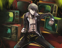  1boy abs bad_id bad_pixiv_id belt glasses grey_eyes grey_hair kazuki_(kazu-king) male_focus narukami_yuu navel open_clothes open_shirt persona persona_4 school_uniform shirt solo spread_legs television yasogami_school_uniform 